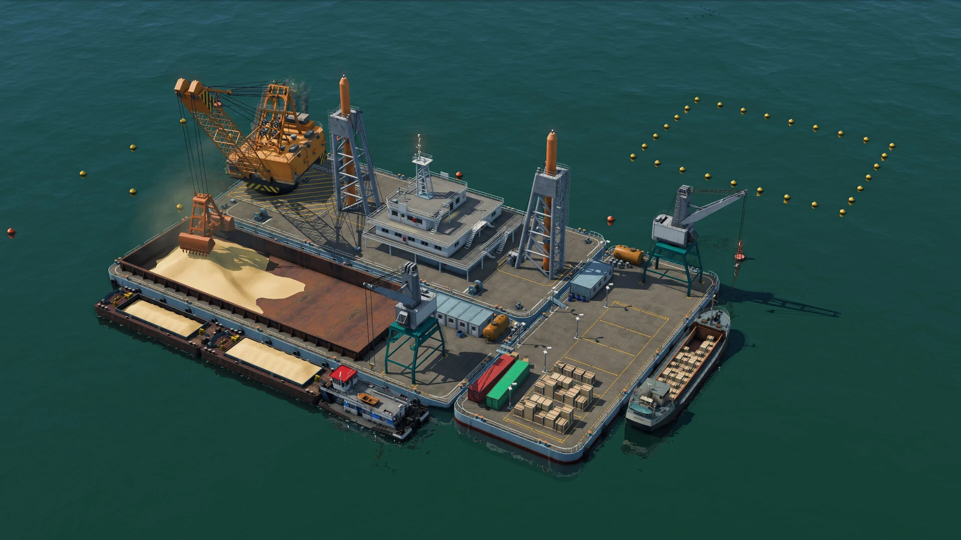 Modular offshore cargo platform with cranes, bulk material, containers and docked vessels